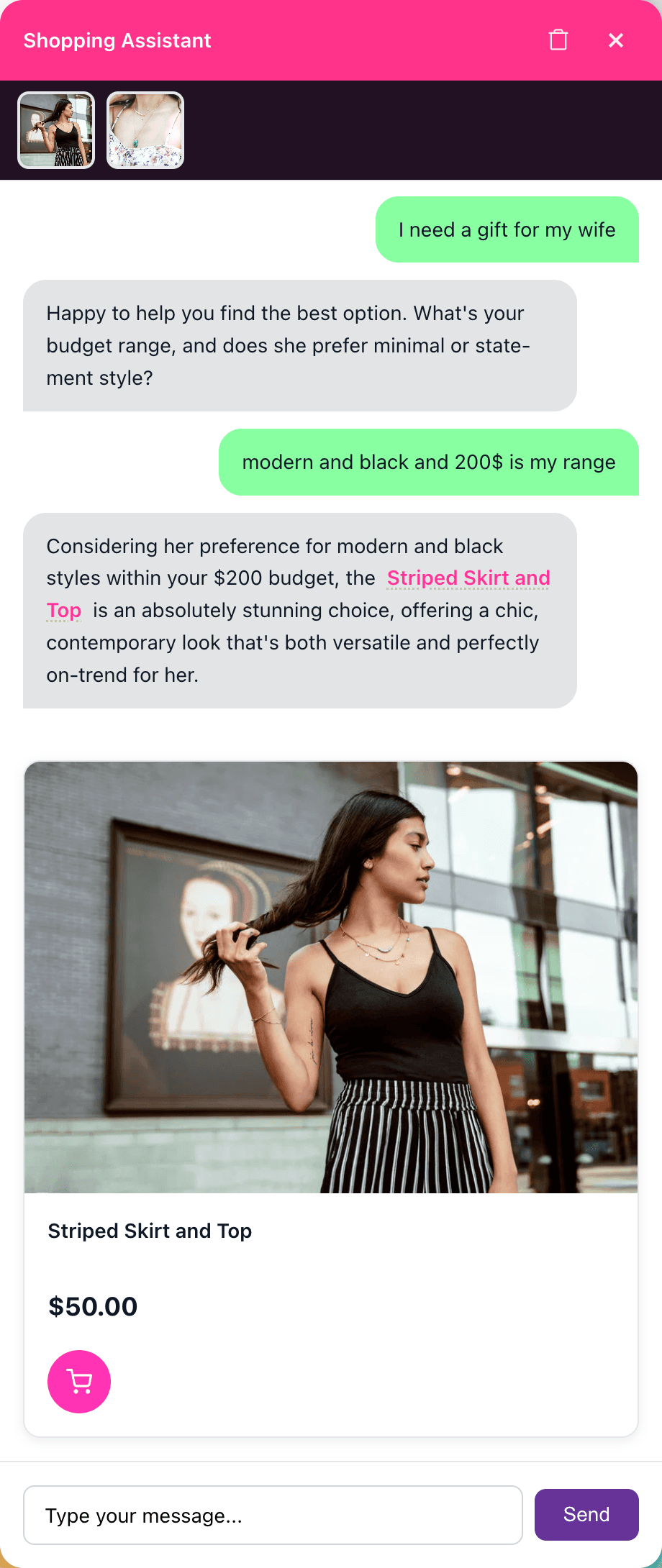 AI chat trial example showing guided gift recommendation