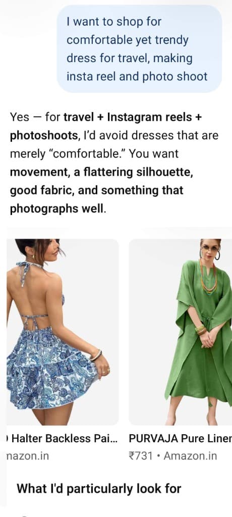 ChatGPT suggesting travel dresses with product cards